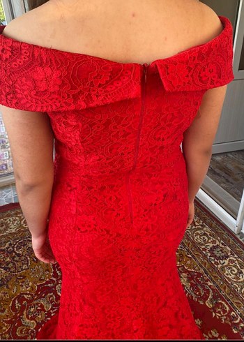 Kırmızı Dantel Uzun Abiye Elbise - Görsel 5