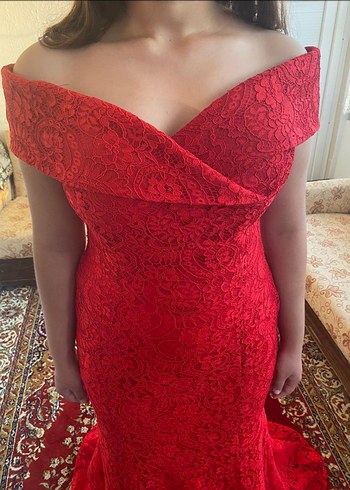 Kırmızı Dantel Uzun Abiye Elbise - Görsel 3