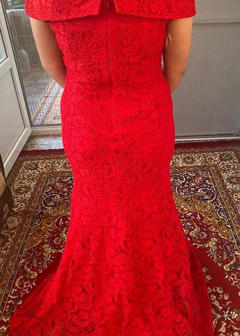 Kırmızı Dantel Uzun Abiye Elbise - Görsel 4