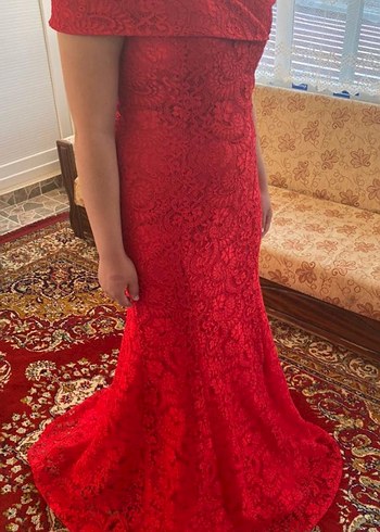 Kırmızı Dantel Uzun Abiye Elbise - Görsel 2