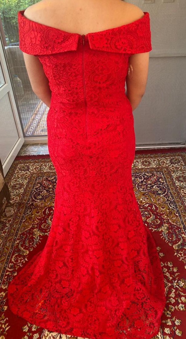 Kırmızı Dantel Uzun Abiye Elbise - Görsel 4