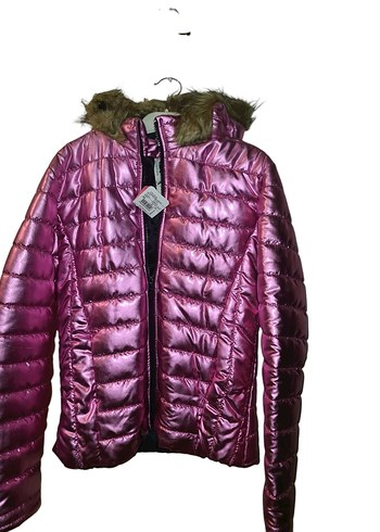 42 Beden pembe Renk Kadın Parlak Pembe Kapüşonlu Mont