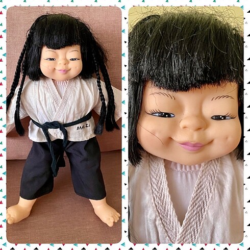 China doll in kimono, doll in karate outfit