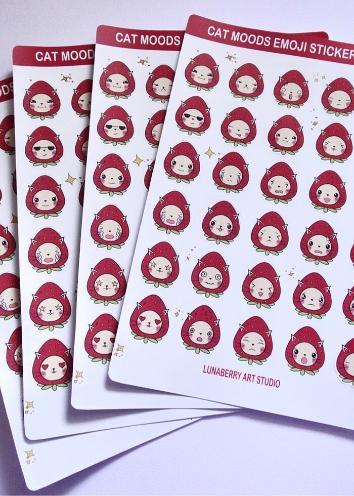 Çilekli Kedi Kawaii Emoji Stickers Çıkartma - Görsel 2