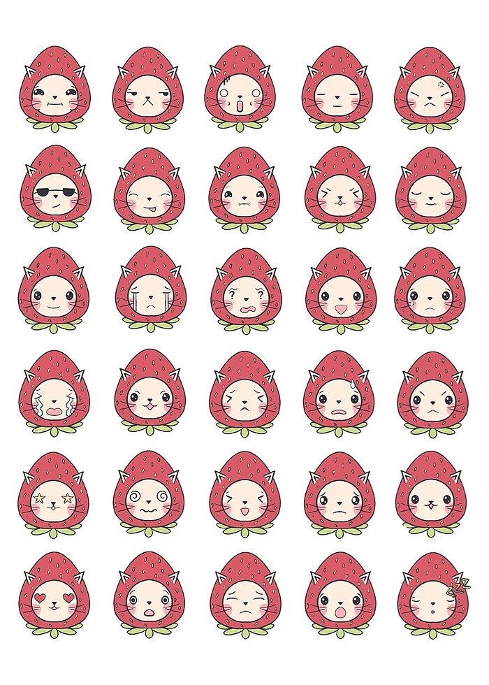 Çilekli Kedi Kawaii Emoji Stickers Çıkartma - Görsel 4
