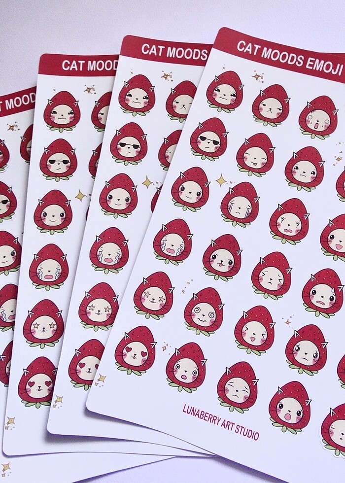 Çilekli Kedi Kawaii Emoji Stickers Çıkartma - Görsel 3