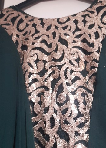 Yeşil Nakışlı Uzun Saten Elbise - Görsel 3