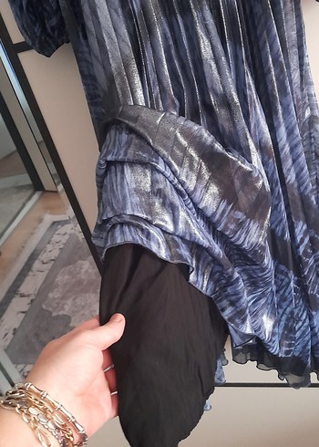 Mavi Pilili V Yaka Uzun Kadın Elbise - Görsel 6