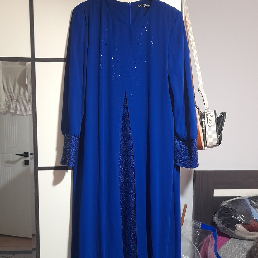 Mavi Uzun Kollu Drapeli Uzun Elbise - Görsel 2