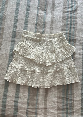 Beyaz Nakışlı Keten Fırfırlı Mini Etek