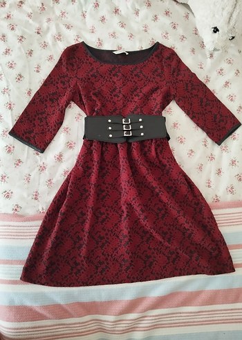 Bordo Desenli Kemerli Midi Triko Elbise