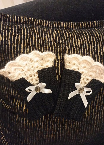 Dantel Detaylı Siyah Beyaz kolluk Eldiven - Görsel 5