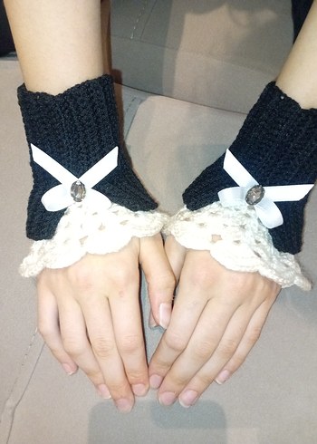 Dantel Detaylı Siyah Beyaz kolluk Eldiven - Görsel 3