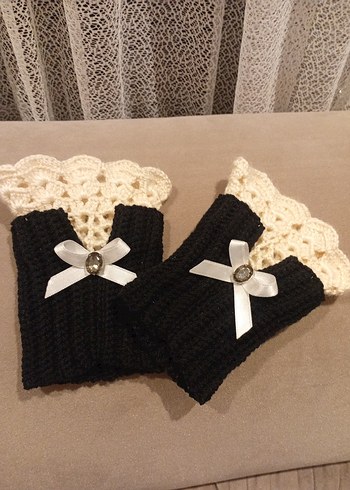 Dantel Detaylı Siyah Beyaz kolluk Eldiven - Görsel 4