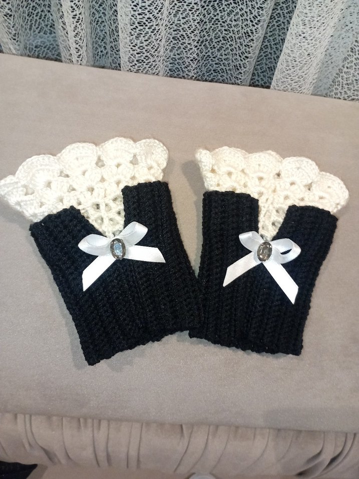 Dantel Detaylı Siyah Beyaz kolluk Eldiven - Görsel 2