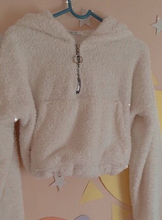 Peluş tüylü crop sweat kapüşonlu