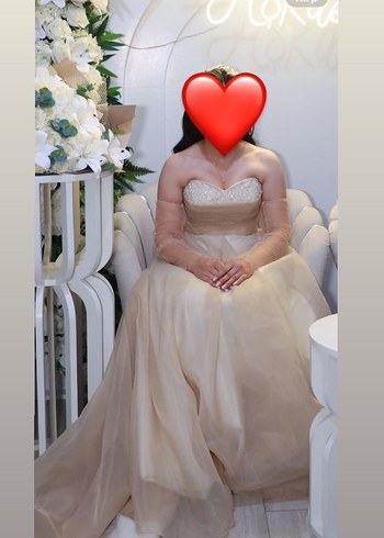 İnci Detaylı Uzun Kollu Bej Nişan Elbisesi - Görsel 3