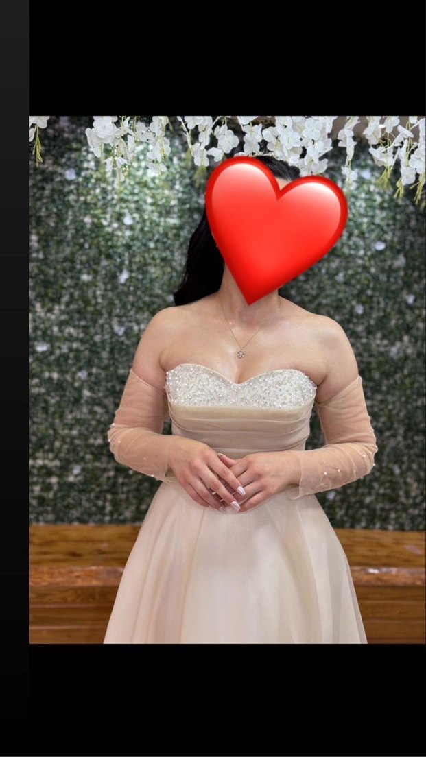 İnci Detaylı Uzun Kollu Bej Nişan Elbisesi - Görsel 2