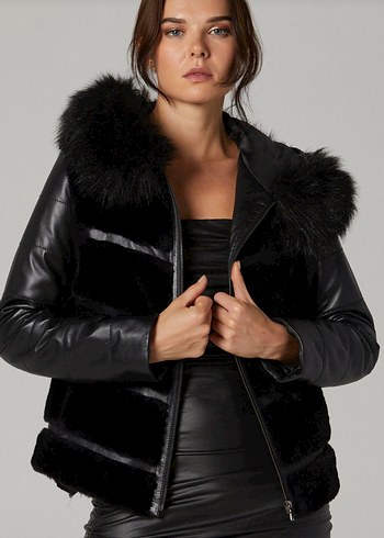 Derimpd,Siyah kapişonu Kürklü Deri Kadın Kışlık Ceket - Görsel 2