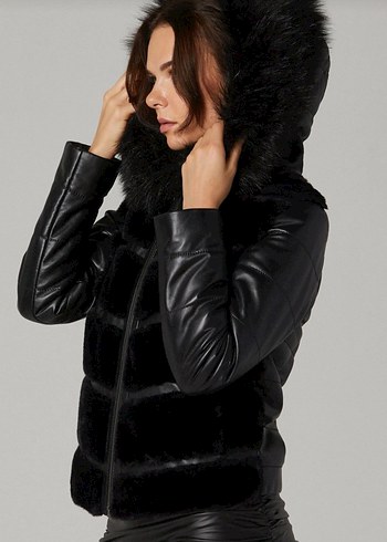 Derimpd,Siyah kapişonu Kürklü Deri Kadın Kışlık Ceket - Görsel 3