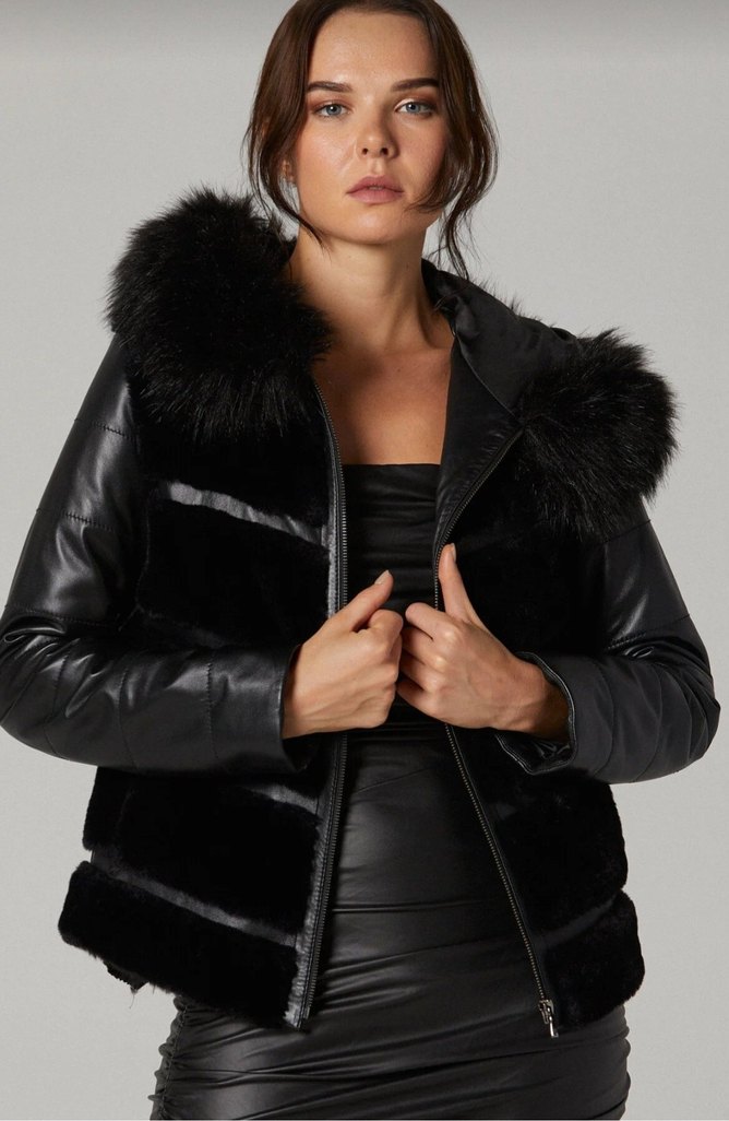 Derimpd,Siyah kapişonu Kürklü Deri Kadın Kışlık Ceket - Görsel 2