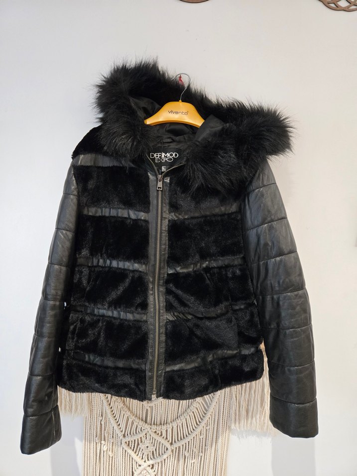Derimpd,Siyah kapişonu Kürklü Deri Kadın Kışlık Ceket - Görsel 5