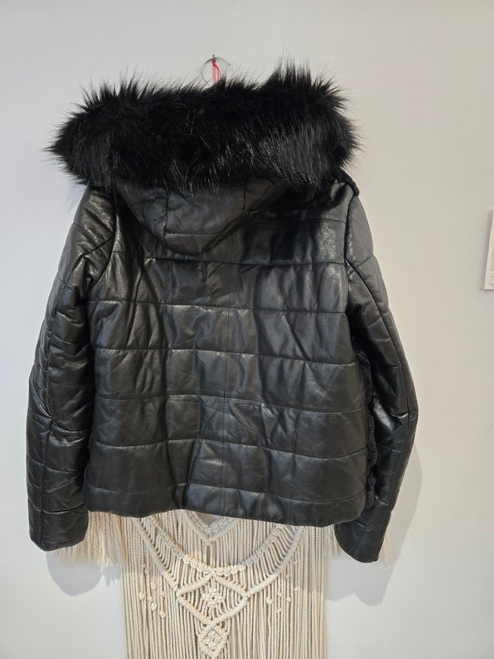 Derimpd,Siyah kapişonu Kürklü Deri Kadın Kışlık Ceket - Görsel 4