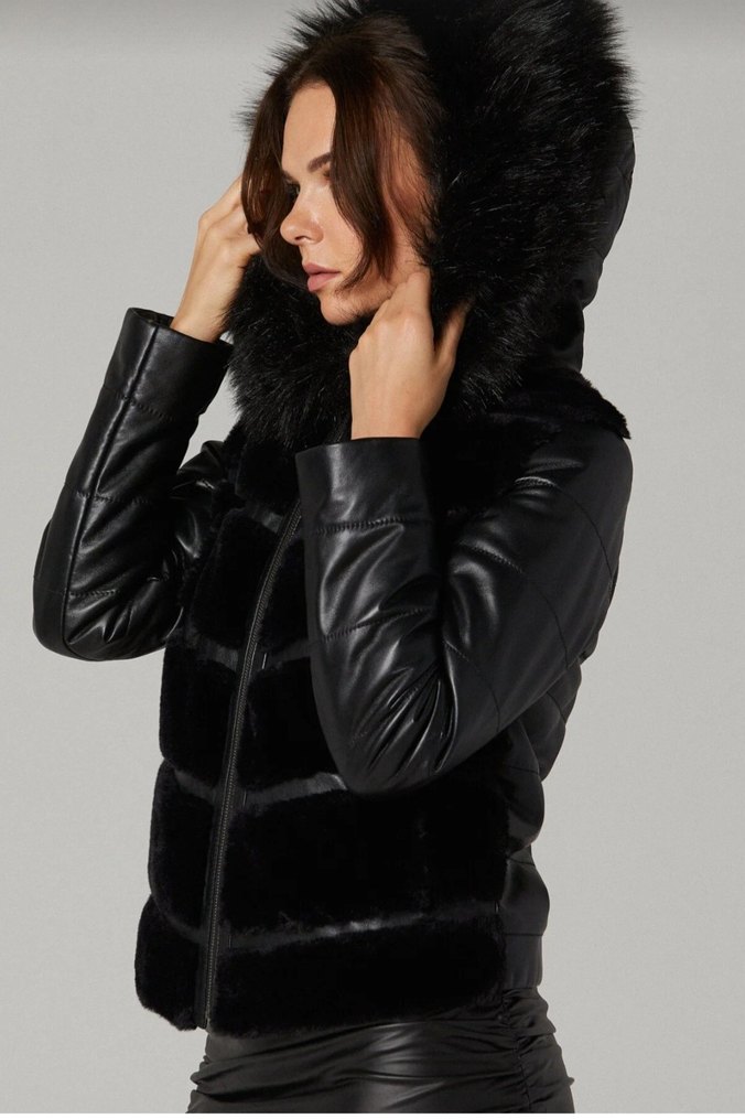 Derimpd,Siyah kapişonu Kürklü Deri Kadın Kışlık Ceket - Görsel 3