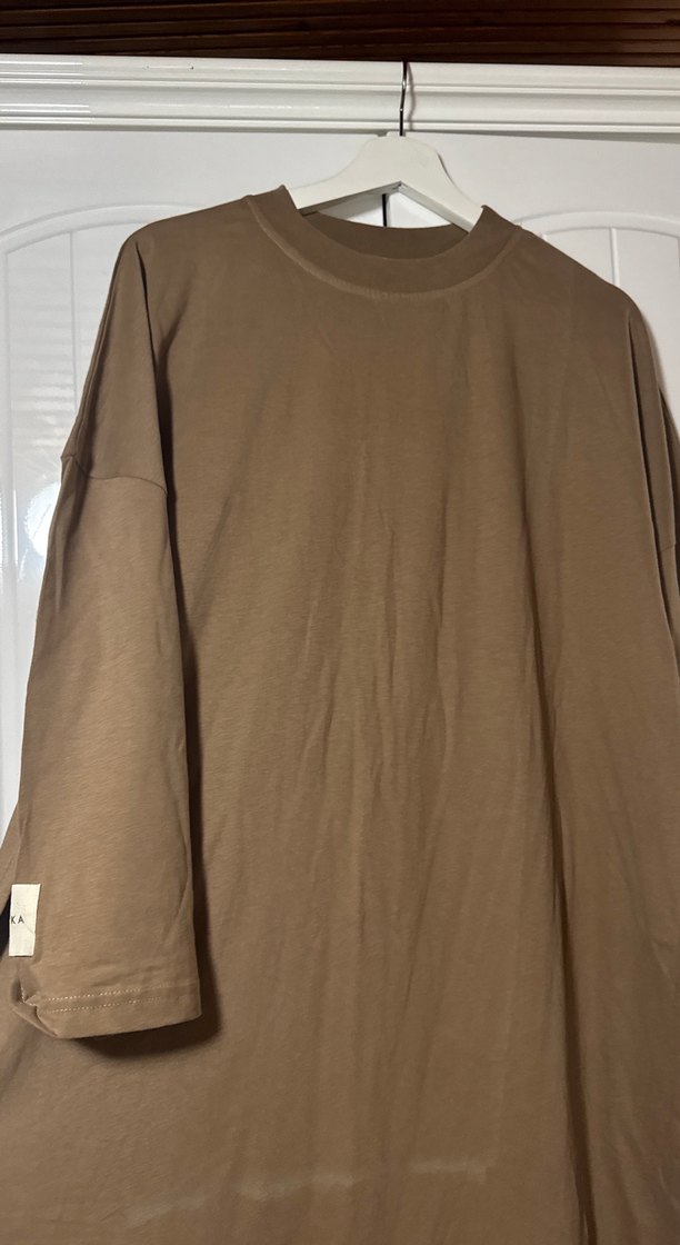 Bej Uzun Kollu Salaş Keten Elbise - Görsel 3