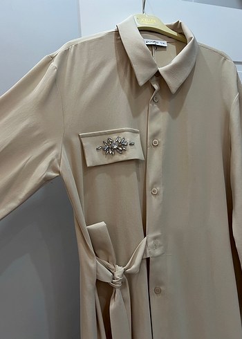 Bej Nakışlı Uzun Kollu Uzun Elbise - Görsel 2