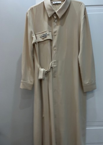 Bej Nakışlı Uzun Kollu Uzun Elbise - Görsel 3