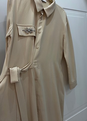 Bej Nakışlı Uzun Kollu Uzun Elbise - Görsel 4