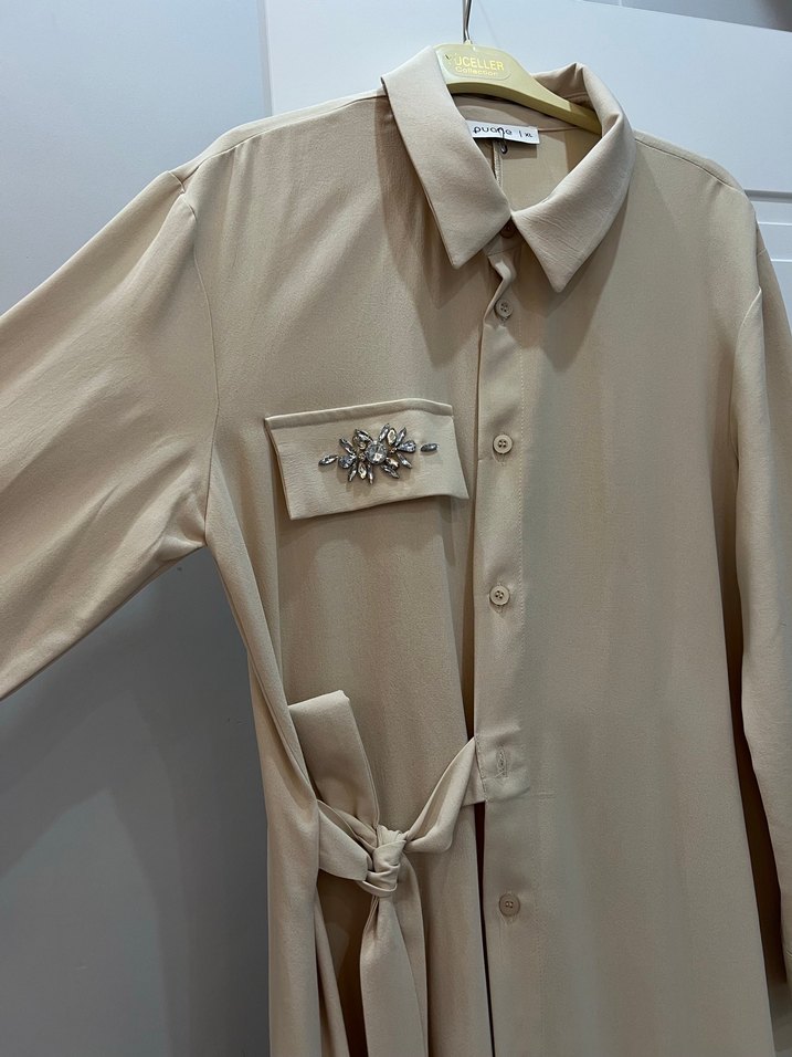 Bej Nakışlı Uzun Kollu Uzun Elbise - Görsel 2