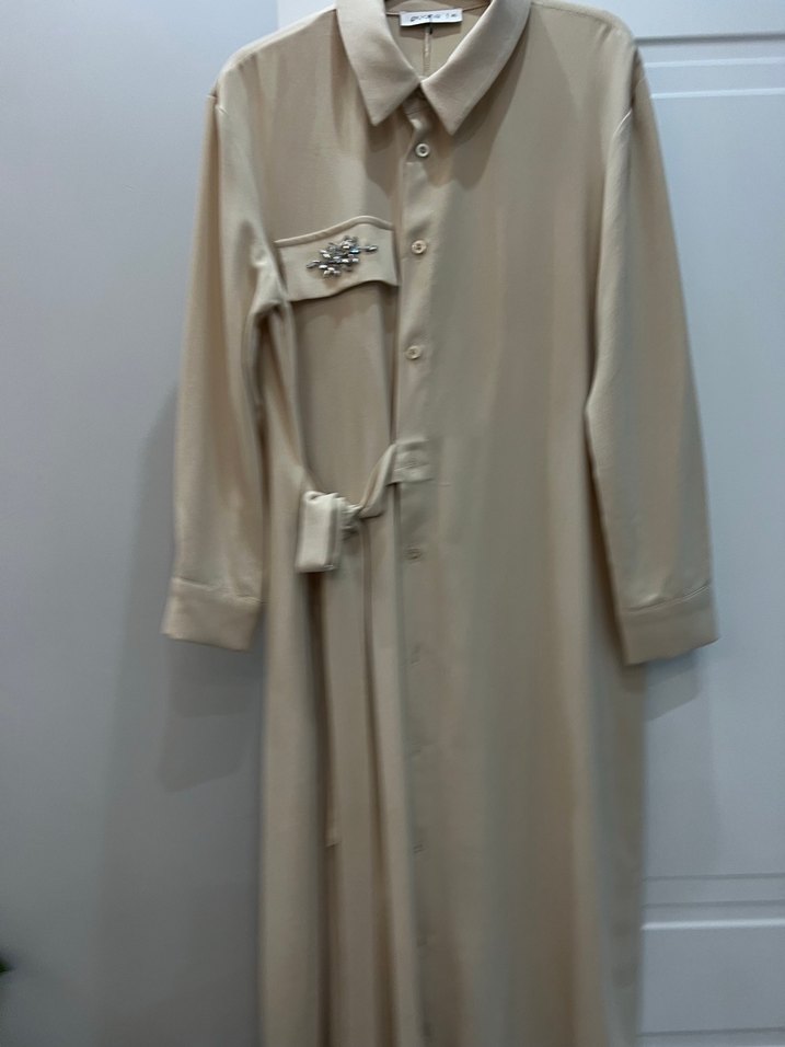 Bej Nakışlı Uzun Kollu Uzun Elbise - Görsel 3