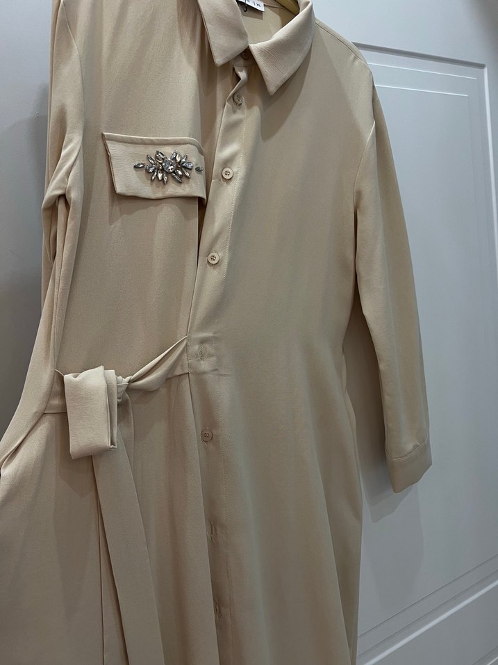 Bej Nakışlı Uzun Kollu Uzun Elbise - Görsel 4