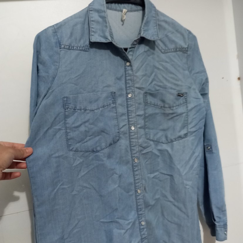 Kadın Uzun Kollu Düğmeli Denim Gömlek - Görsel 2