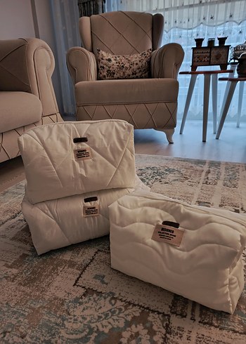 Pamuk Kumaş Fermuarlı Beyaz Makyaj Çantası - Görsel 4