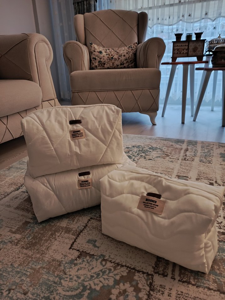 Pamuk Kumaş Fermuarlı Beyaz Makyaj Çantası - Görsel 4