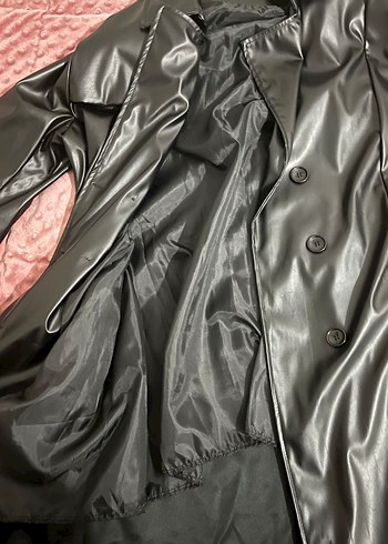 Siyah Deri Kemerli Uzun Kadın Trençkot - Görsel 7