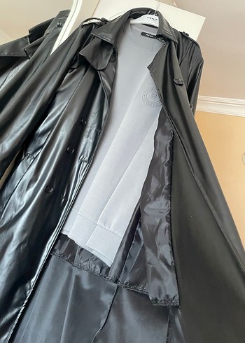 Siyah Deri Kemerli Uzun Kadın Trençkot - Görsel 3