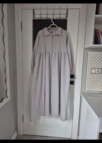 Gri Uzun Yün Elbise, Pliseli, Rahat Kesim - Görsel 2