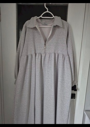 Gri Uzun Yün Elbise, Pliseli, Rahat Kesim - Görsel 4