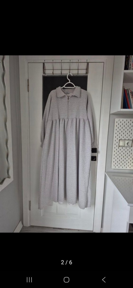 Gri Uzun Yün Elbise, Pliseli, Rahat Kesim - Görsel 2