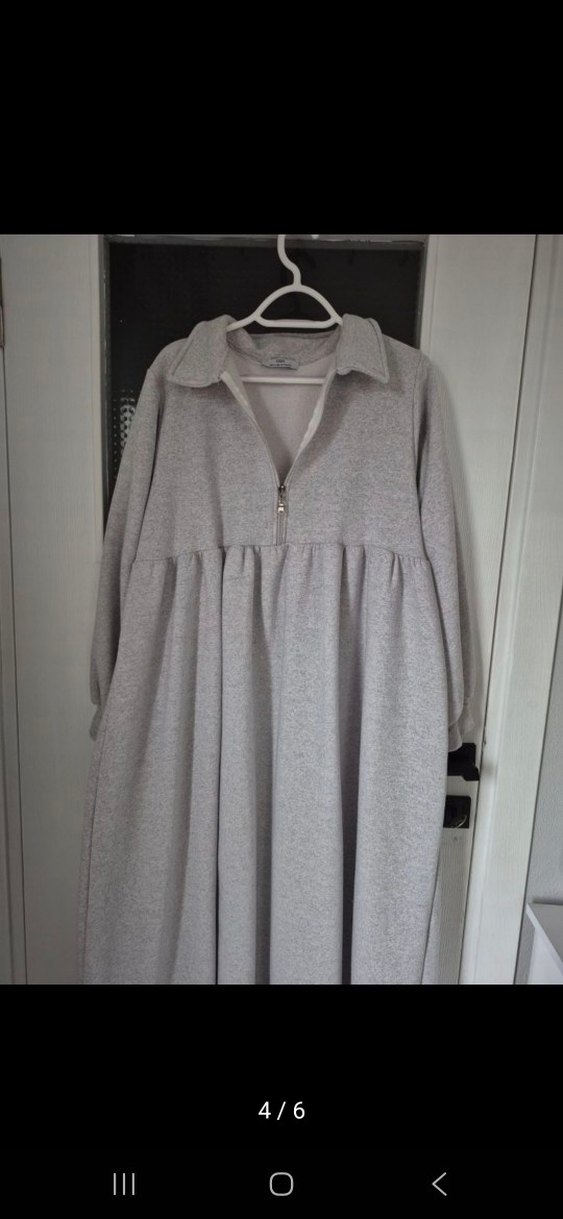 Gri Uzun Yün Elbise, Pliseli, Rahat Kesim - Görsel 4