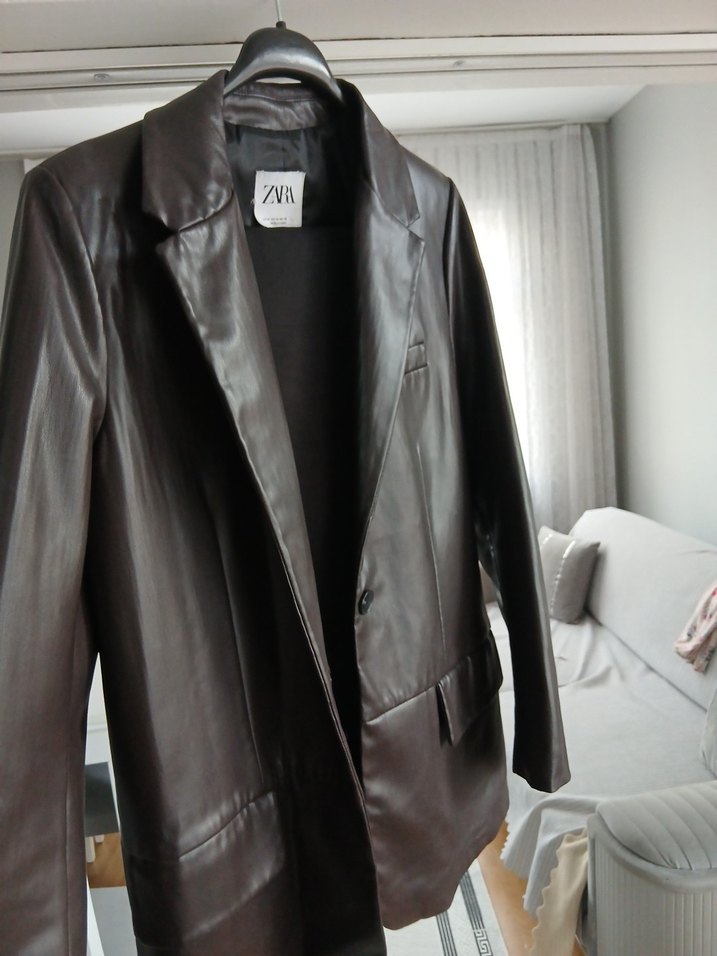 Düğmeli Kahverengi Deri Kadın Ceket - Görsel 5