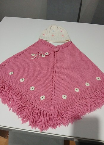 Pembe Nakışlı Kapüşonlu Örgü Kız Panço ve bwre - Görsel 2
