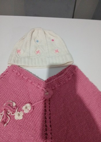 Pembe Nakışlı Kapüşonlu Örgü Kız Panço ve bwre - Görsel 3