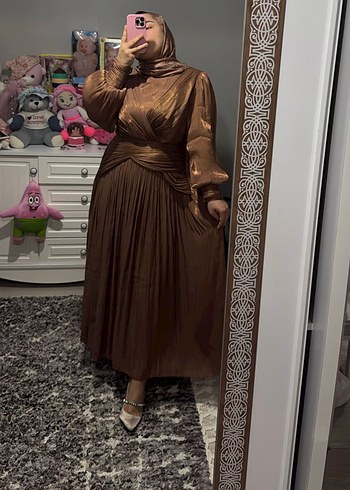 Kahverengi Drapeli Uzun Kollu Kadın Abiye Elbise - Görsel 3