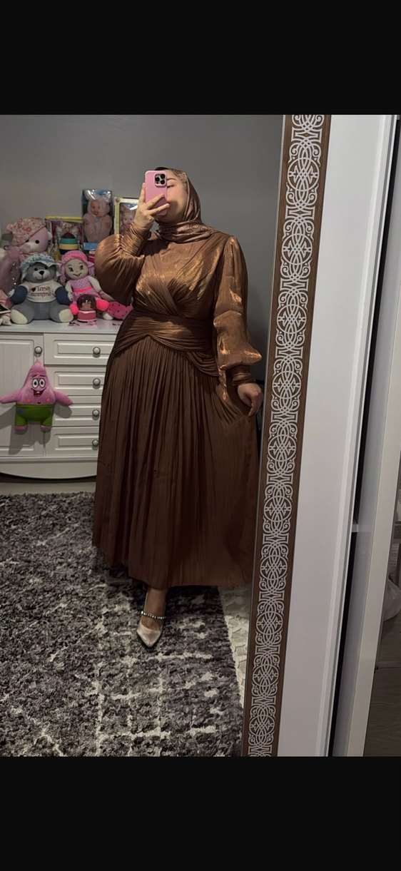 Kahverengi Drapeli Uzun Kollu Kadın Abiye Elbise - Görsel 3