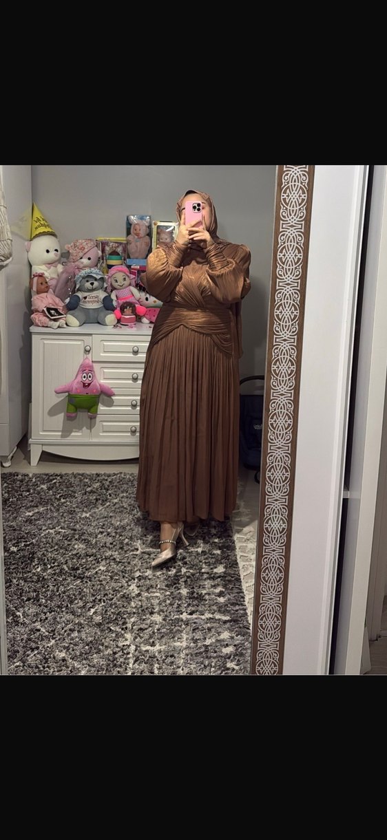 Kahverengi Drapeli Uzun Kollu Kadın Abiye Elbise - Görsel 2